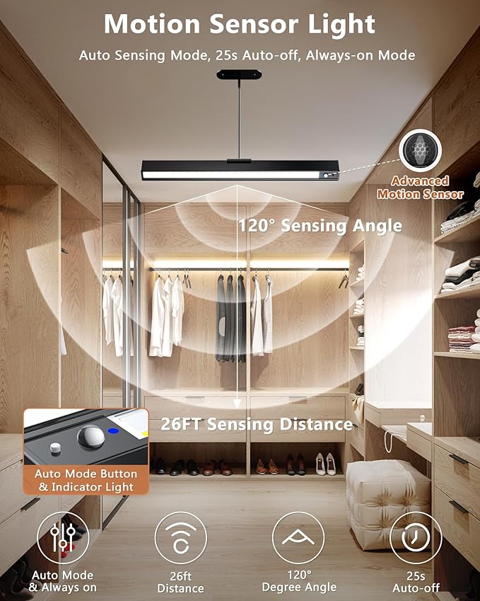 Rechargeable Motion Sensor Ceiling Light, Full Metal Pendant Lights, Battery Operated LED Closet Lights with Remote, Timer - 3 Color 500LM Dimmable, Cordless Magnetic Mount for Garage Kitchen,Black