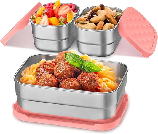 Homikit 3 Pack Kids Lunch Box Set, 18/10 Stainless Steel Bento Boxes with Silicone Lids Leak Proof
