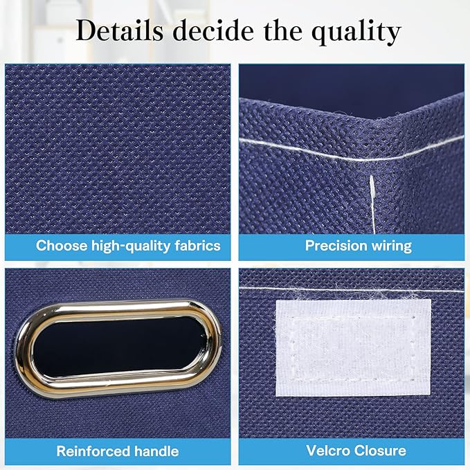 STOREONE Fabric Storage Cube Bins Foldable Organizer Container Collapsible Basket with Lids and Metal Handles, for Home, Bedroom, Closet 8 Pcs (Navy Blue)