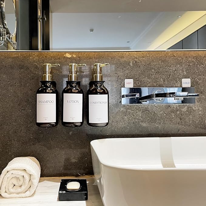 Shampoo Dispenser for Shower Wall, Shampoo and Conditioner Dispenser with 16 Waterproof Labels, No Drill Shower Soap Dispenser Bathroom, Shower Soap Dispenser Wall Mounted,17oz, 3 Pack, Gold Amber