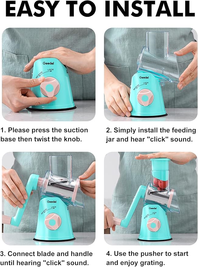 Geedel Rotary Cheese Grater, Kitchen Mandoline Vegetable Slicer with 3 Interchangeable Blades, Easy to Clean Rotary Grater Slicer for Fruit, Vegetables, Nuts