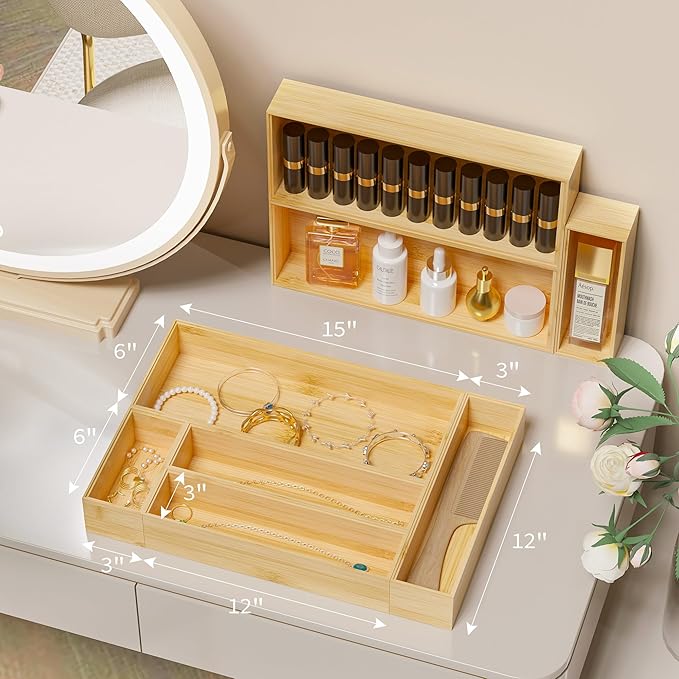 Kitchen Drawer Organizer Tray, Stackable Bamboo Deep Drawer Organizer for Large Silverware, Utensils, Cutlery, Flatware,Junk Drawer, Dresser, Bathroom