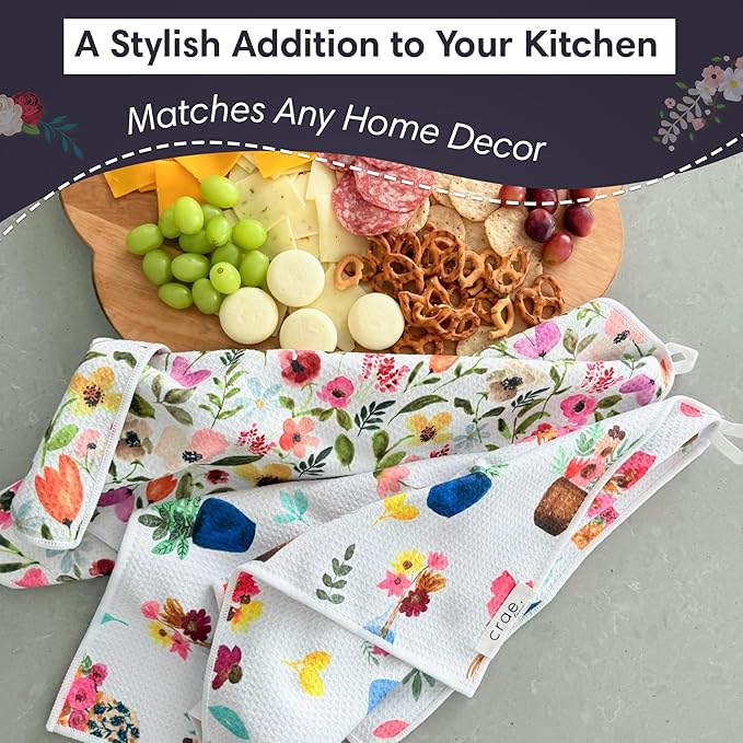 crae. Microfiber Hand Towel & Washcloth Set of 2 - Double-Sided, Waffle Weave, Super Absorbent, Lint-Free, Fast Drying - for Bathroom, Kitchen, Car, and Window Cleaning (Petal Lane/Posey)