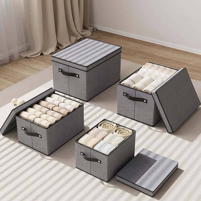 Fabric Storage Bin with Lid, 10.2×7.8×6.7 Inch Foldable Storage Box for Shelves with Handles, Decorative Linen Closet Organizer, Gray, 1-Pack