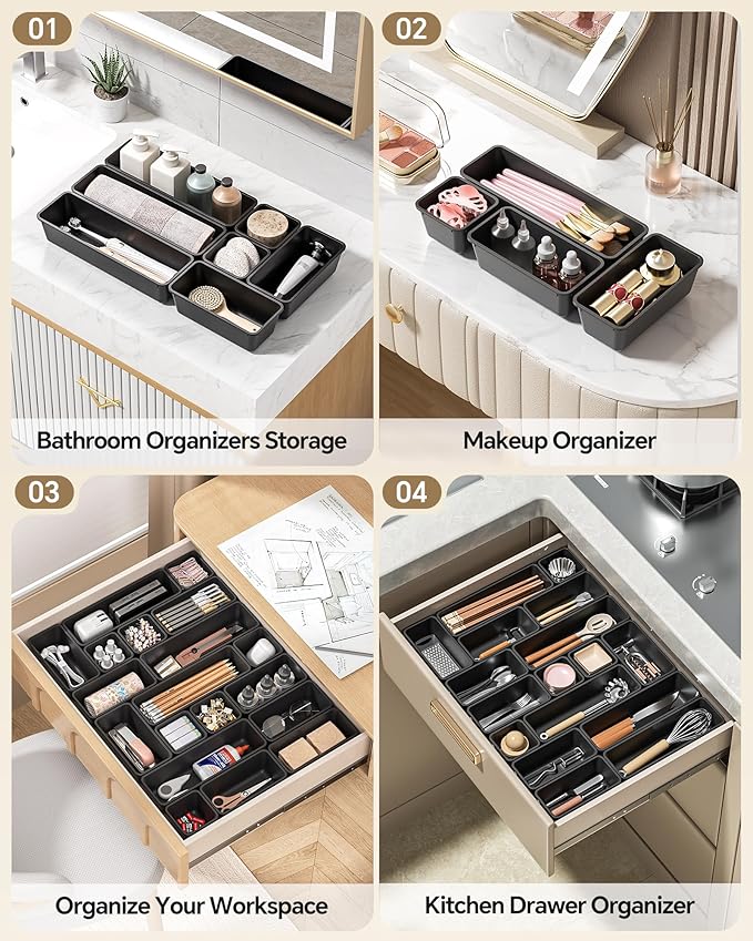 13 Pack Plastic Drawer Organizers Set, Black