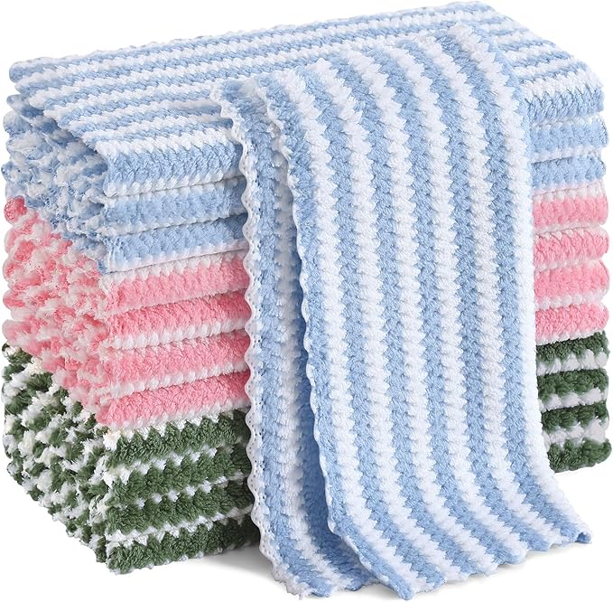 Homaxy 12 Pack Kitchen Dish Cloths, Ultra Soft and Absorbent Dish Towels, Reusable Fast Drying Microfiber Cleaning Cloth, Coral Velvet Wave Design No-lint, 10 x 10 inches, Blue/Pink/Grass Green