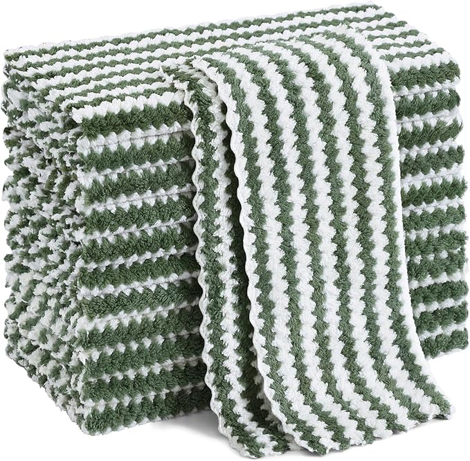 Homaxy 12 Pack Kitchen Dish Cloths, Ultra Soft and Absorbent Dish Towels, Reusable Fast Drying Microfiber Cleaning Cloth, Coral Velvet Wave Design No-lint, 10 x 10 inches, Grass Green