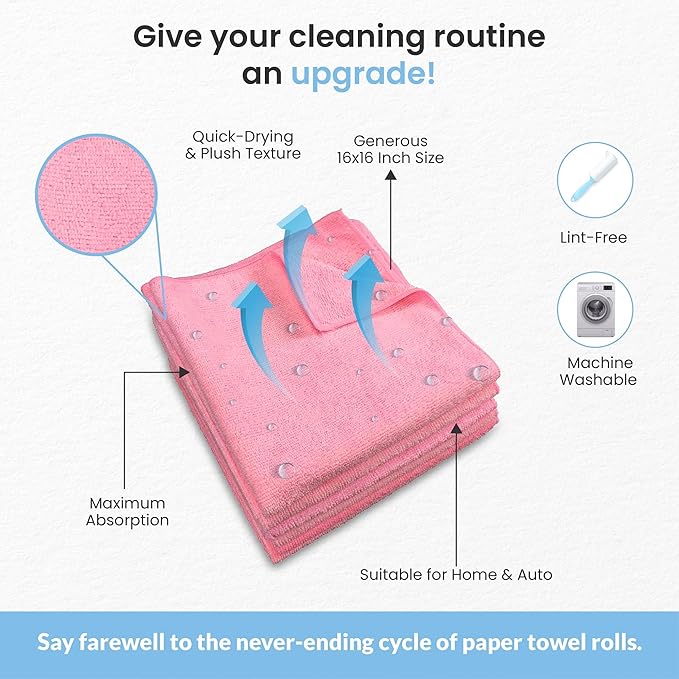 A&A Wiping Cloth- Microfiber Cleaning Towel, Super Absorbent Pink Microfiber Towels, Perfect for House, Cars, Windows, Gym and Office, Pink Microfiber 16x16 Towels, Pack of 12 Pieces