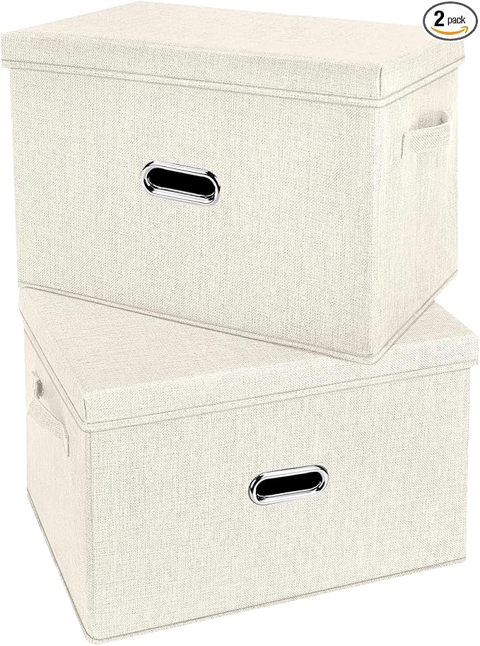 Large Linen Fabric Foldable Storage Bins with Removable Lid and Handles, Washable Storage Box Organizer Containers Baskets Cube with Cover for Bedroom