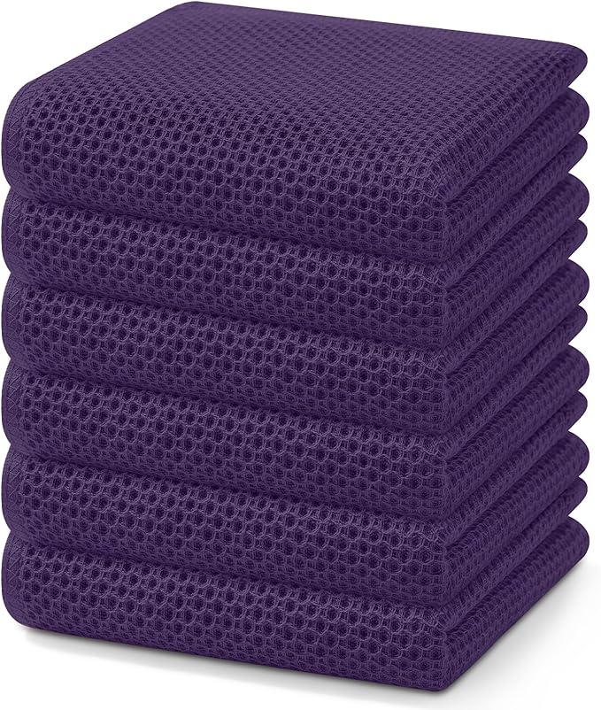 Homaxy 100% Cotton Waffle Weave Kitchen Dish Towels, Ultra Soft Absorbent Quick Drying Cleaning Towel, 13 x 28 Inches, 6-Pack, Eggplant