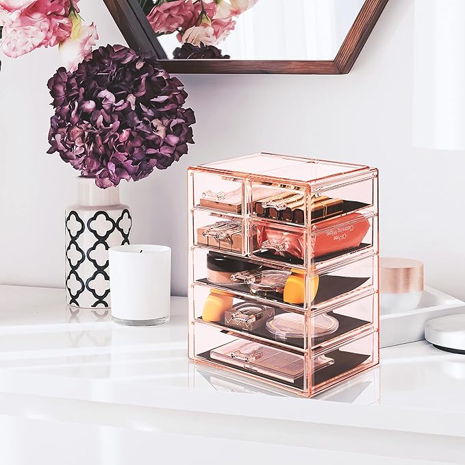 Sorbus Acrylic Makeup Organizer Set, 7-Drawer Vanity & Countertop Cosmetic Storage with Small & Wide Drawers, Pink Makeup Storage for Brushes