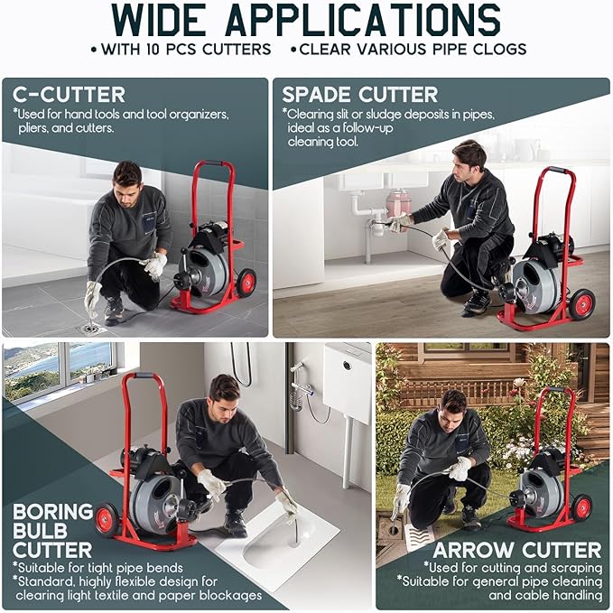 Albott 100 FT x 3/8 inch Electric Drain Cleaner Machine with Auto-Feed & 10 Cutters, Sewer Snake Auger for 1–4 Inch Pipes, Wheels & Foot Switch, Ideal for Home & Commercial Use, Gray/Red