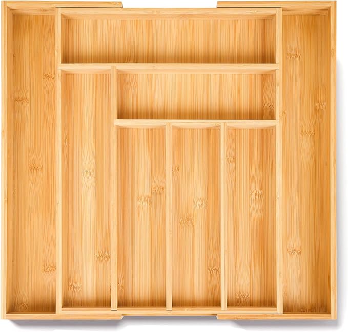 100% Bamboo Expandable Drawer Organizer - Adjustable Utensil and Cutlery Tray for Kitchen, Office, and Bathroom Storage.