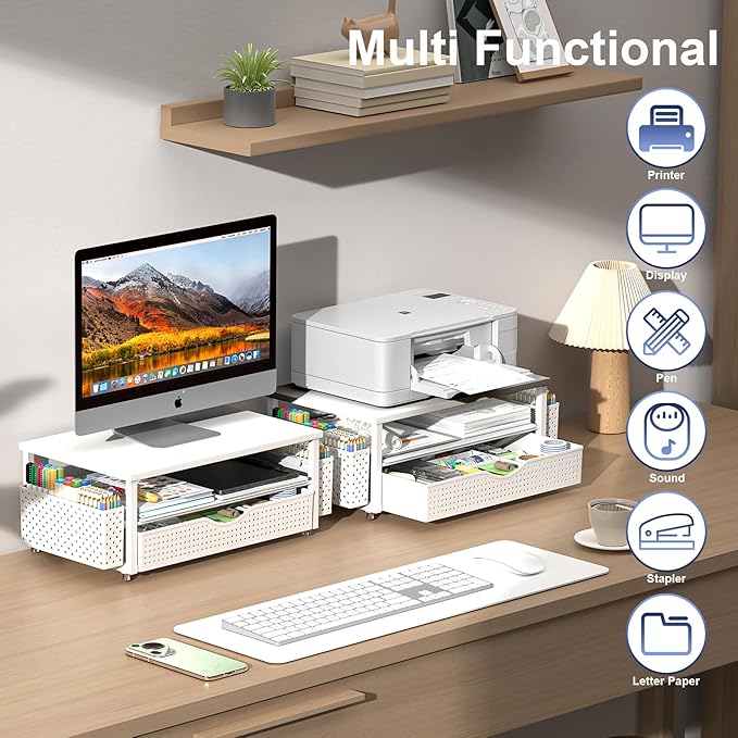 Spacrea Desk Organizer and Accessories, Computer Monitor Stand Riser with Drawer and 2 Pen Holders