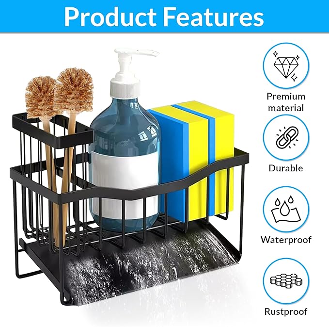 Rustproof Stainless Steel Sponge Holder for Kitchen Sink – Large Sink Caddy Organizer with Rotating Drain Spout & High Brush Holder – No-Drip Kitchen Sink Organizer for Soap Dispenser.