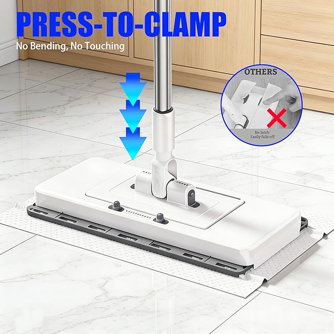 KZKR Upgrade Push Clamp Mop Kit - 2-in-1 Full Size Press Grip Lazy Sweeper Mop with Convenient Cloth Changing, Compatible with Swiffer Pads, Hardwood Tile Marble Floor Cleaning, 52in with10 Dry Cloths