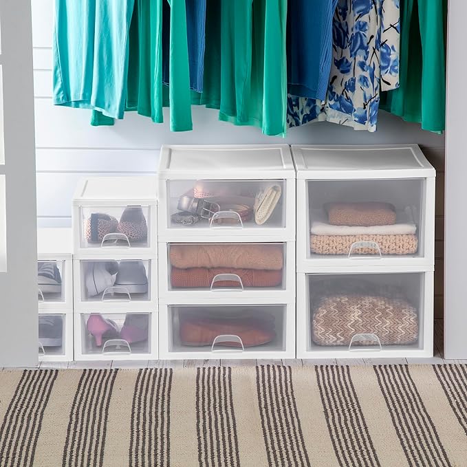 6-Pack Stacking Drawer, Clear Storage Closet Organizer, 6 Quart, White Frame