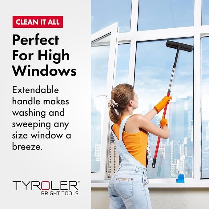Tyroler 2-in-1 High Window Cleaner Tool with 4.5 to 7.5 ft Extendable Handle | Made of 100% Natural Rubber for Superior Durability and Protection | Better Reach Window Squeegee for Window Cleaning