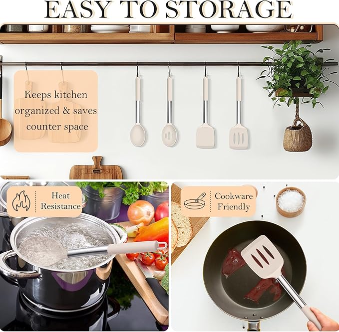 TeamFar Kitchen Utensils, 4 PCS Silicone Cooking Utensils Spatula Spoon Set with Stainless Steel Handle, for Frying Mixing Draining Turning, Healthy & Heat-proof, Non-stick & Dishwasher Safe - Khaki