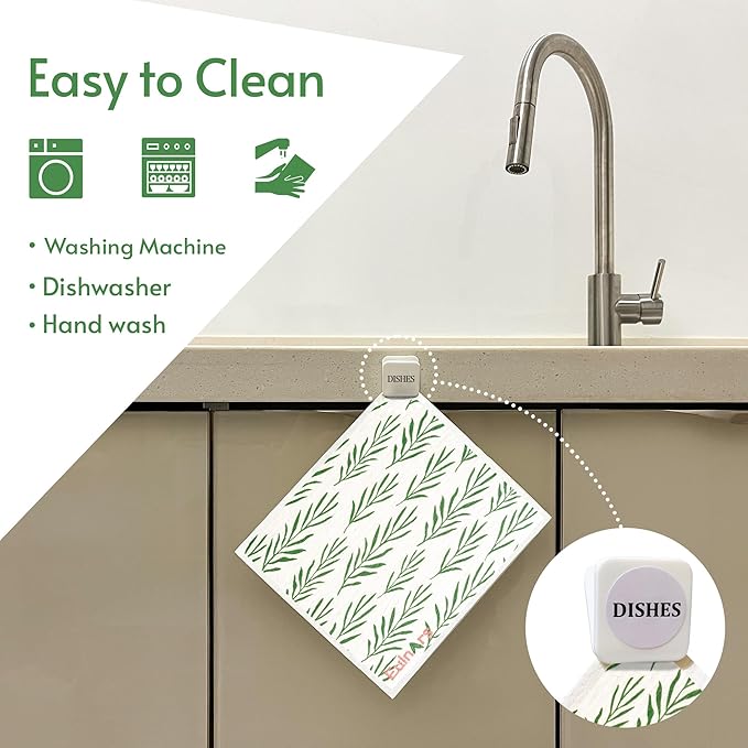 Eulnars Swedish Dishcloths for Kitchen, 8 Pack Green Reusable Paper Towels with Clips, Non-Scratch Swedish Kitchen Towels, Super Absorbent Cellulose Sponge Cloths, Dishwasher Safe, No Odor