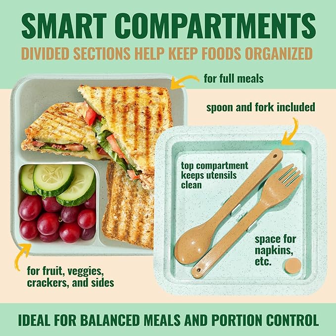 GreenLunch Bento Lunch Box for Kids, Large 2-Compartment, Durable and Microwave Safe, BPA-Free with Utensils, Wheat Straw Bento Box for Kids – Green