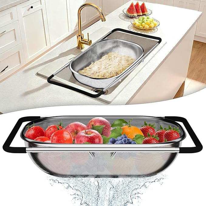 Over the Sink Colander, Expandable Strainers and Colanders with Fine Mesh, Colander for Kitchen with Rubber Grip for Draining Pasta