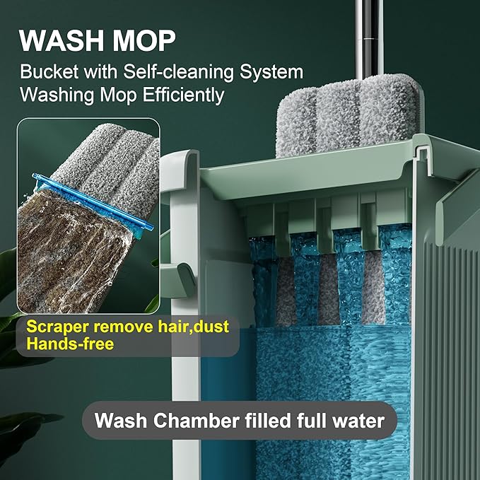 JOYMOOP 8L Large Capacity Flat Mop System (Light Green) with Extension Handle, Ideal for Floor, Window, and Wall Cleaning - Includes 5 Washable Microfiber Pads for Wet and Dry Use