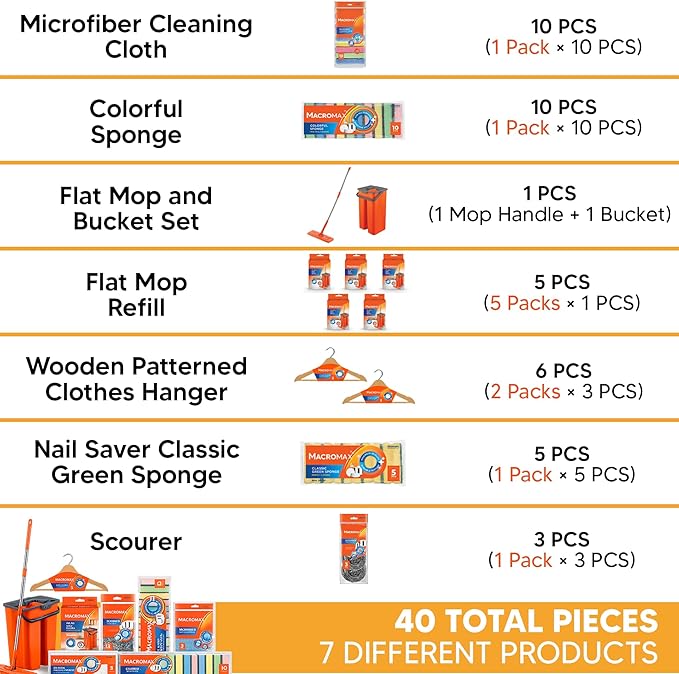Macrofresh MacroMax 12-Pc Flat Mop and Bucket System: Dual-Chamber Mop for Wet & Dry Use, 5 Microfiber Pads, 10-Pack Freshness Cloths, 15 Sponges, Scourers and Hangers