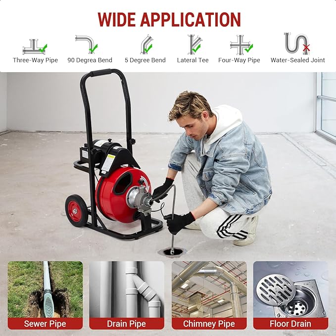 100 FT x 3/8 Inch Portable Drain Snake with 250w Motor, Snake Drain Hair Removal Tool with 9 Cutters and Pneumatic Foot Switch, Drain Snake Hair Drain Clog Remover Fit 1 Inch to 4 Inch Pipes