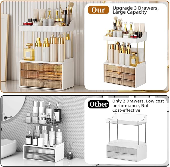 3 Large Drawers Makeup Organizer, 5 Tier Bathroom Counter Organizers and Storage