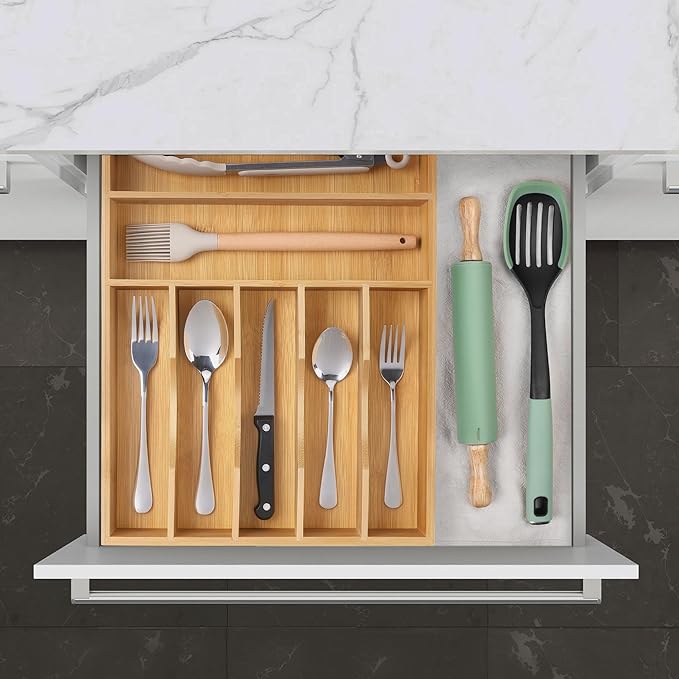 Kitchen Bamboo Silverware Organizer, Kitchen Drawer Organizer, Natural