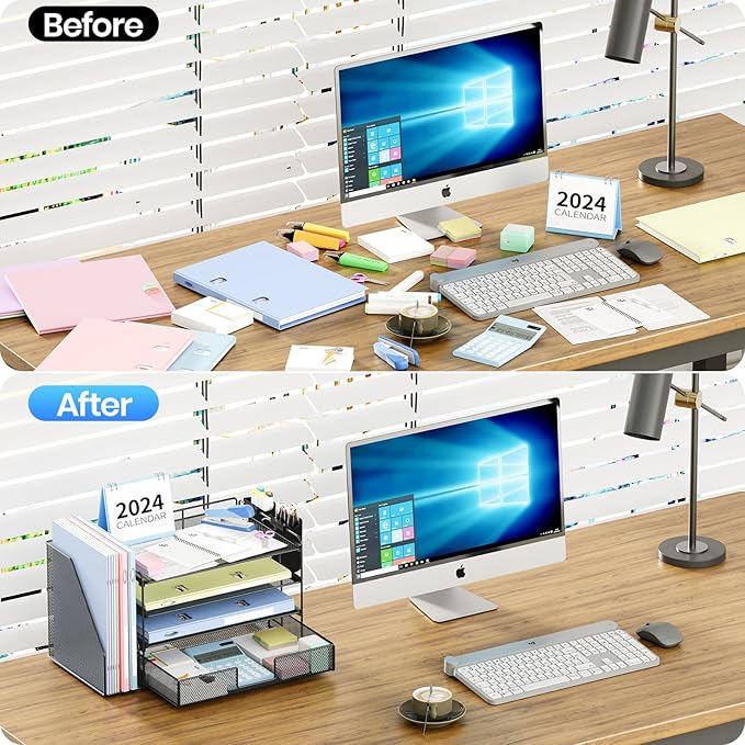 OPNICE Desk Organizer, 4-Tier Desktop File Organizer with Drawer and 2 Pen Holders, Office Desk Accessories, File Sorters