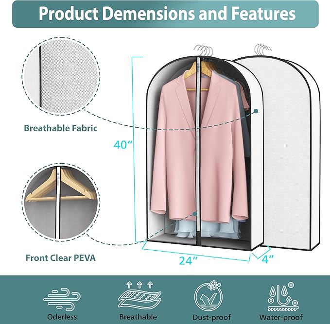 Liuoud 40” Garment Bags for Hanging Clothes 4” Gusseted - with Clear Window, Breathable Fabric, Metal Zipper, Suit Coat Dress Protector for Clothes Closet storage, Season Off, Moving, 5 Pack