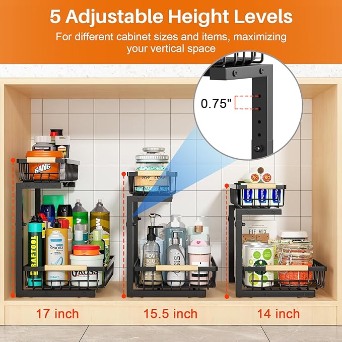 REALINN Under Sink Organizer, 2 Pack Height Adjustable Under Sink Organizers and Storage, 2 Tier Pull Out Drawer Cabinet Storage for Kitchen Bathroom