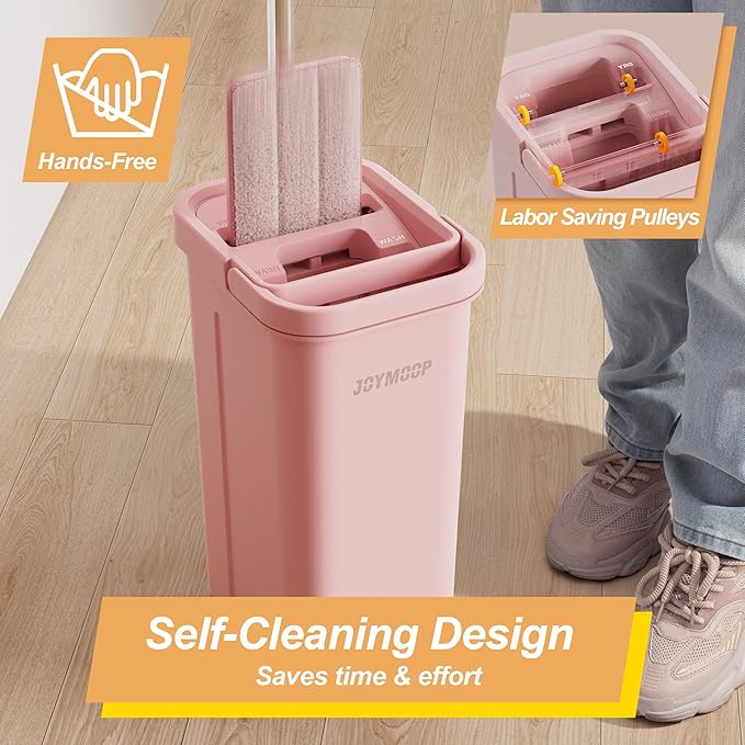 JOYMOOP Pink Mop and Bucket with Wringer Set for Home, with 3 Reusable Microfiber Mop Pads, Hands-Free Self-Cleaning System, Suitable for Floor Cleaning and Wall Cleaner