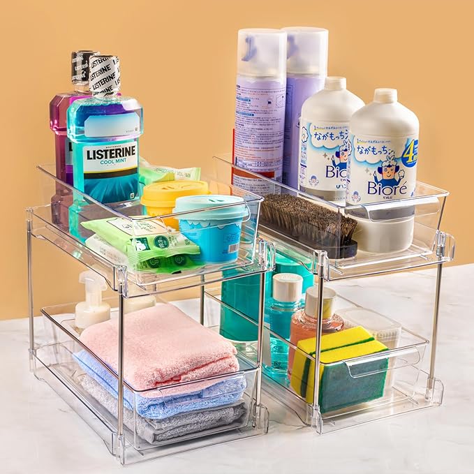 1Pack 2-Tier Bathroom Storage Organizer, Clear Under Sink Organizers Kitchen Vanity Counter Storage Container, Medicine Cabinet Drawers Bins, Pull-Out Organization with Track for Pantry