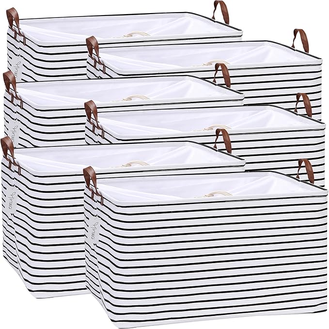 Hinwo 70L Extra Large Storage Bins, 6-Pack Closet Organizers and Storage, Foldable Clothes Storage Baskets with Handles, Containers for Clothing, Blanket, Comforters, Toys, Bedding (Black Stripe)