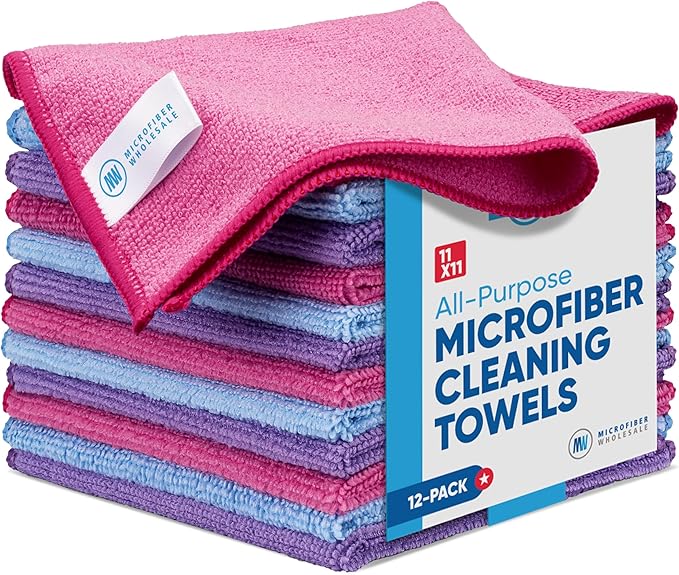 Microfiber Cleaning Cloth - 12 Pack | Better Quality All Purpose Towels | Great for Home, Clean, Dust, Polish | Soft, Absorbent, Durable | Wash 100s of Times | Pink Purple Blue