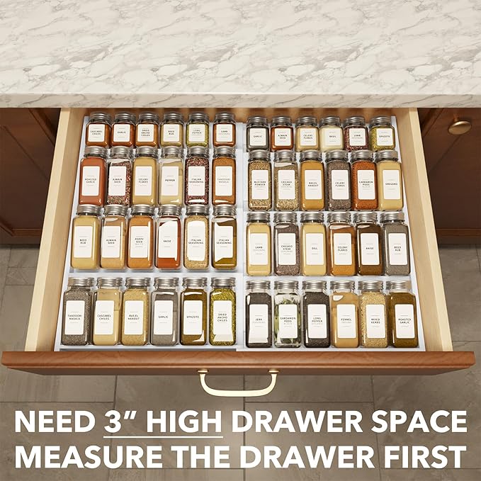 SpaceAid Bamboo White Spice Drawer Organizer, (Need 3" Deep Drawer) Expandable 4 Tier Spices Rack for Cabinet, Kitchen Seasoning Storage Insert (Jars Not Included, From 12" to 23" Wide)