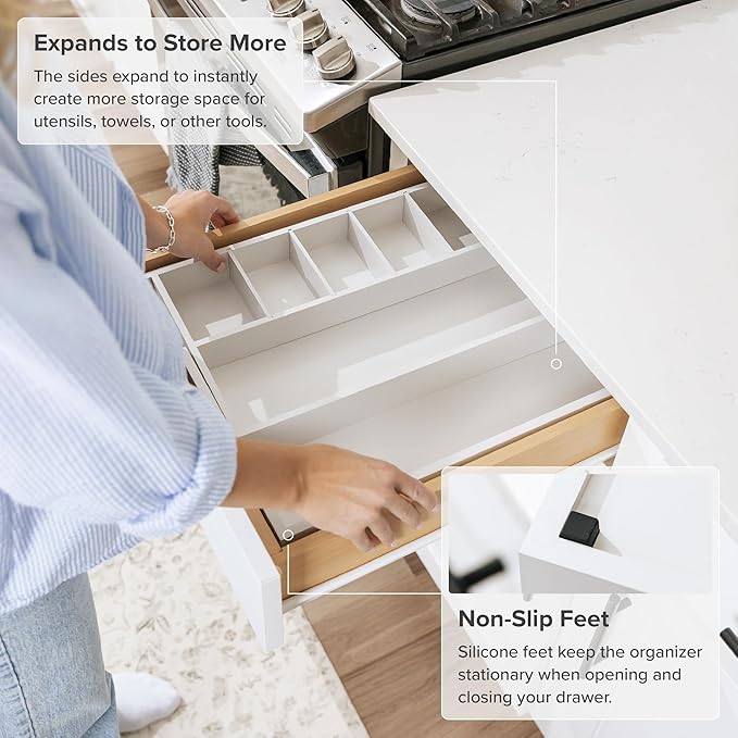 KitchenEdge Adjustable Kitchen Drawer Organizer for Utensils and Junk, Food-Safe Contract Grade with 100% Sustainable Wood