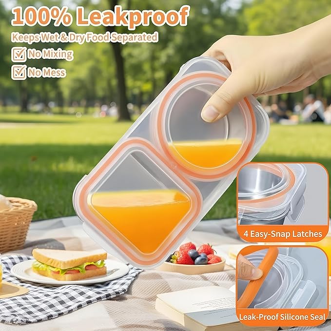 Stainless Steel Bento Lunch Box 3 Pack – Leak Proof 2 Compartment Lunch Containers, Meal Prep & Portion Control, BPA Free, Dishwasher Safe for Work & Office (Orange)