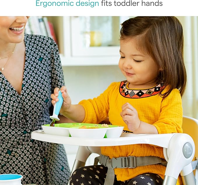 Munchkin® Raise™ Toddler Fork and Spoon Utensil Set, Rest Keeps Tip Off Table, BPA Free, 4 Pack, Blue/Green