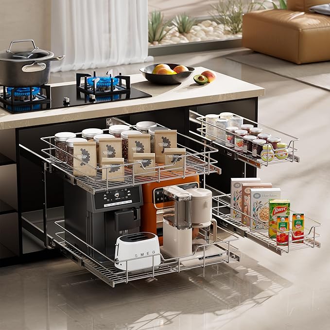 2 Tier Pull Out Cabinet Organizer 18" W X 22" D, Slide Out Drawers For Kitchen Cabinets, Pull Out Drawers For Cabinets Capacity Heavy Duty Caddy, Cabinet Pullout Shelves Chrome-Plated,Bathroom Pantry