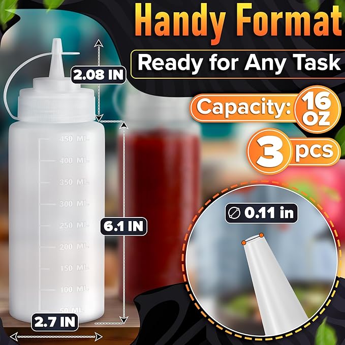 3-Pack Plastic Condiment Squeeze Bottles 16 oz – Refillable Squirt Bottles with Narrow Tip, Leak-Resistant | Great for Oil, Sauces, Ketchup, Mayonnaise, Syrup, Dressing, BBQ Stations & Catering Use