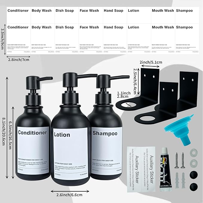 Shampoo Dispenser for Shower Wall, Shampoo and Conditioner Dispenser with 16 Waterproof Labels, Shower Dispenser 3 Chamber No Drill, Shower Soap Dispenser Wall Mounted for Bathroom, 17oz, Black