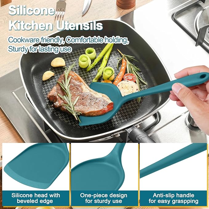 P&P CHEF Kitchen Utensil Set, 4 Pieces Non-stick Silicone Cooking Utensils, Heat-resistant Slotted Solid Spoon Turner for Frying, Mixing, Serving, Non-toxic & Easy to Clean, Blue