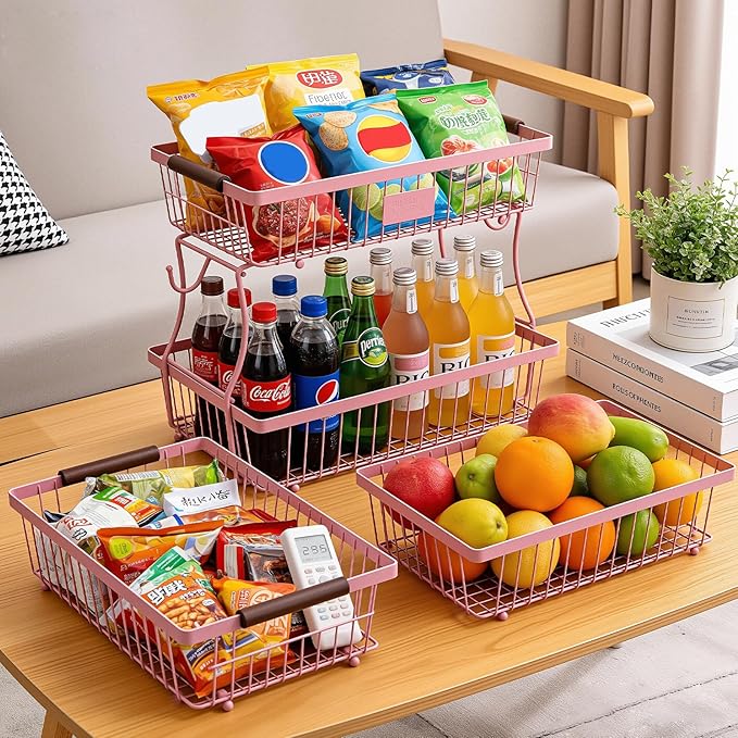 2-Tier Stackable Wire Basket with 2 Banana Hooks, Pantry Organizer for Kitchen Countertops, Cabinets & Under-Sink Spaces; Ideal for Storing Snacks, Fruits, Veggies, Onions, Potatoes, & More，Pink