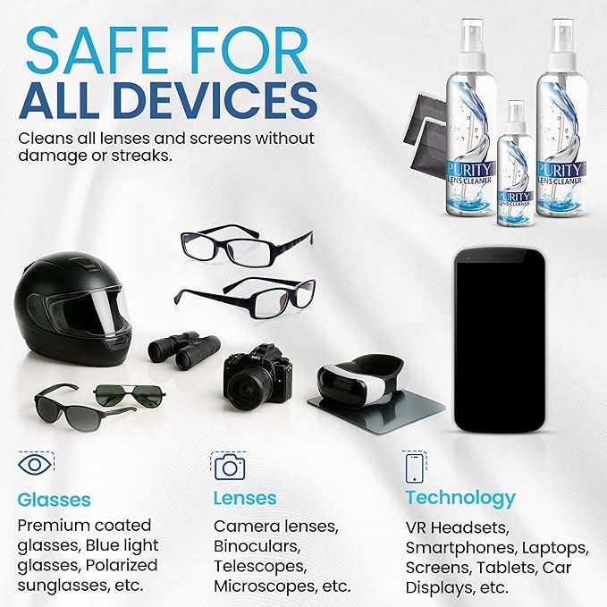 Purity Eyeglass Lens Cleaner Kit - 2 x 8oz and 1 x 2oz Lens Cleaner Spray Bottle + 2 Microfiber Cleaning Cloths - Safe for All Lenses (AR Coated Included), Eyeglasses and Screens - Clear