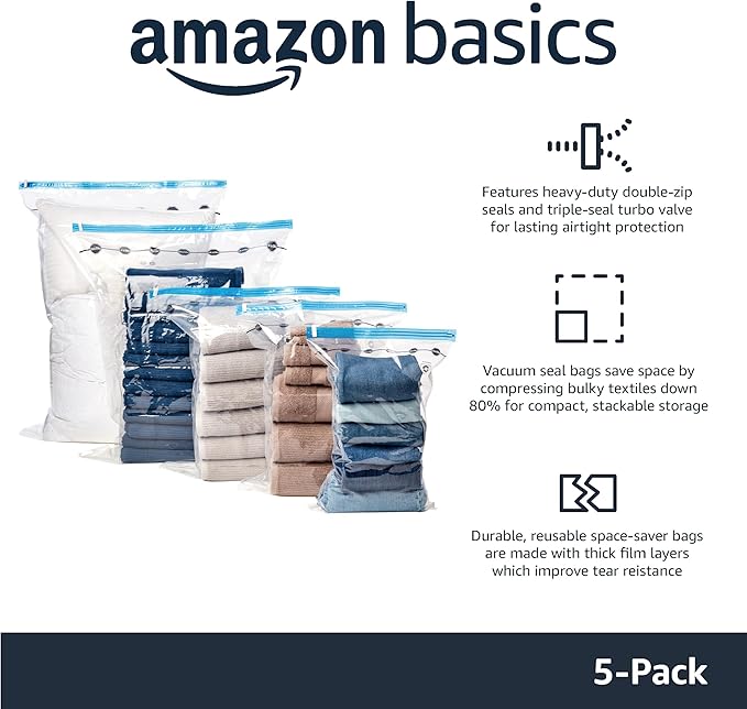 Amazon Basics Vacuum Storage Bags for Clothes, Compression Zipper with Hand Pump