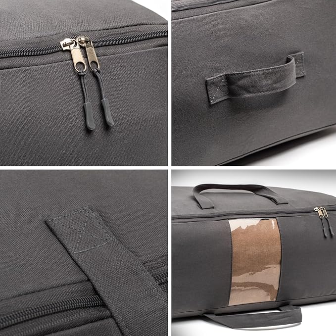 Soft Canvas Storage Bags with Zipper. Thick Breathable, 2pc King/Queen Comforter Organizer. Four Carrying Handles and Window. Large 25x19x9in Bag for Sheets Blankets Bedding Pillows, Clothes (Grey)